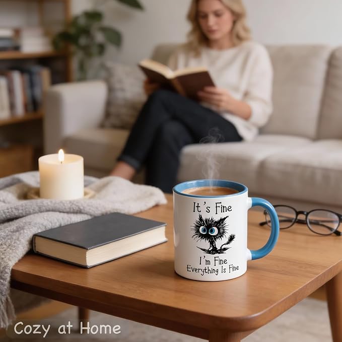 𝗙𝗨𝗡𝗡𝗬 𝗖𝗔𝗧 𝗖𝗢𝗙𝗙𝗘𝗘 𝗠𝗨𝗚 — “Everything Is Fine” Black Cat Mug, 11oz Sarcastic Funny Coffee Mug for Cat Lovers, Women, Coworkers – Microwave & Dishwasher Safe