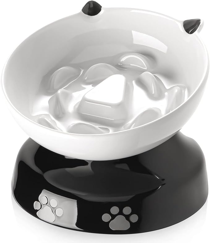 Y YHY Ceramic Cat Slow Feeder, Elevated Dog Food Bowl Tilted Design, Slow Feeder Bowl no Black Chin, Cat Shape for Dry and Wet Food