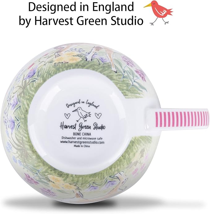 Spring Animals Mug - 20oz Bone China Coffee Tea Hug Mug with Deer, Rabbit, Butterfly & Wildflowers, Thoughtful Gifts for Mom Women Mothers Day, Designed in England by Harvest Green Studio
