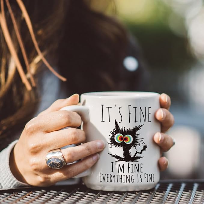 FALJIOK Funny Cat Coffee Mug Gifts for Cat Lover, It's Fine I'm Fine Mug White 11oz, Funny Gifts for Best Friend Bestie, Cats Lover Gift for BIrthday Christmas