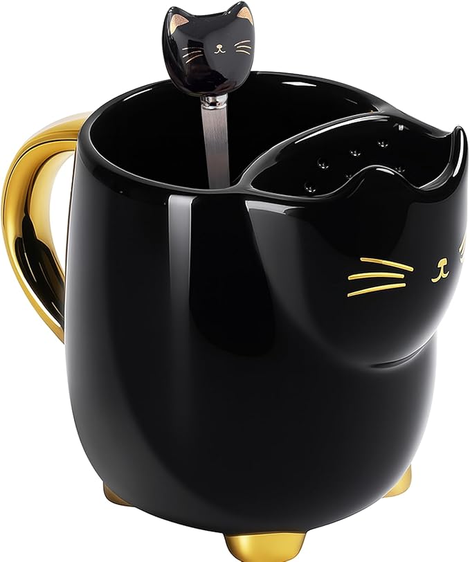 Yuwu 17oz Black Cat Mug with Built-in Filter and Spoon-Glossy Ceramic Tea kitty Mug for Cat Lovers-Elegant Gift for Men, Women, Office, Birthday, Halloween, Christmas