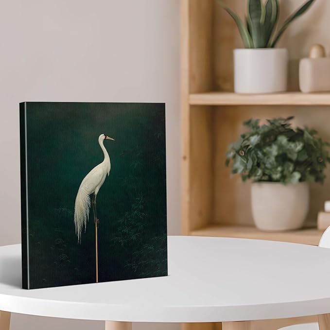 Japanese Crane Canvas Wall Art Vintage Bird Print Painting Dark Green Wall Decor for Home Farmhouse Living Room 8x10 Inches Framed
