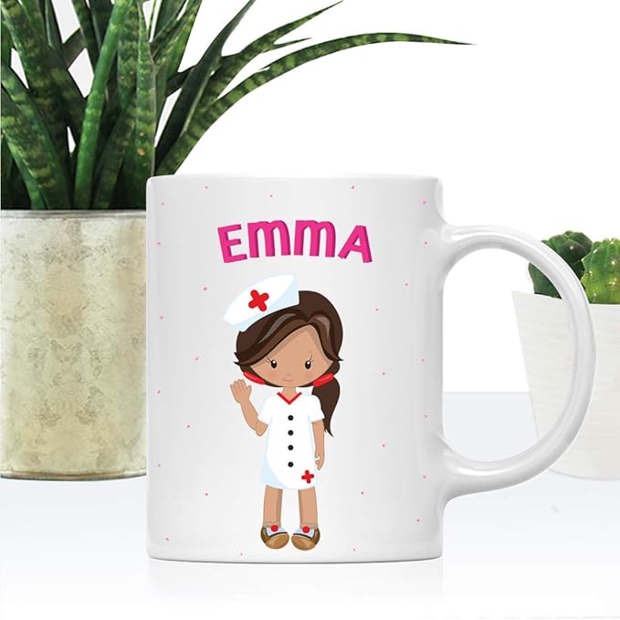 Andaz Press Personalized 11oz. Kids Milk Hot Chocolate Mug, Brown Haired Girl Nurse, 1-Pack, Custom Child’s Birthday Christmas Coffee Cup