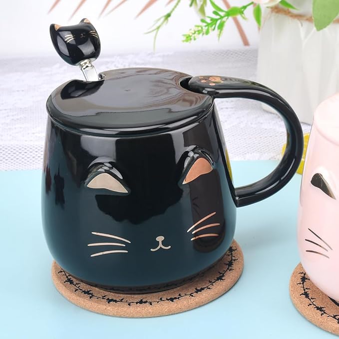 Pink Ceramic Coffee mug Cute Cat Handmade Tea Cups with Stainless Steel Spoon Kitty Cup Unique Hot chocolate Novelty mugs Christmas Birthday for Girls Women (Black)