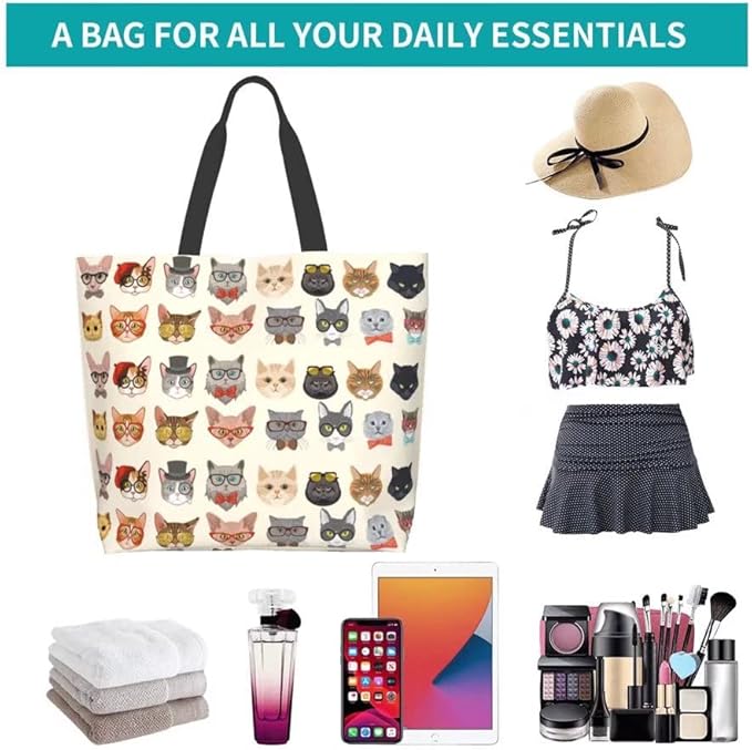 Funny Cat Tote Bag for Women,Cute Purse Gifts for Cat Lovers,Kitty Print Shoulder Reusable Shopping Handbags Casual Travel Polyester Summer Beach Grocery Bag Holiday Gifts