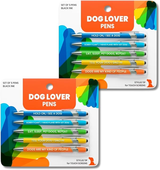 rubyloo Funny Dog Lover Gift Pen Set – 2 Pack of 5-Pen Sets with Black Ink & Metal Barrel with Doggy-Themed Quotes – Cool Dog Lover Gift for Women, Friends, Vet Tech, Pet Owner, Coworker