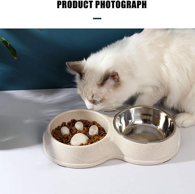 Tineer Double Pet Dog Slow Feeder Bowl,Stainless Steel Anti-Choke Puppy Food and Water Feeder for Dog Cats (Pink)