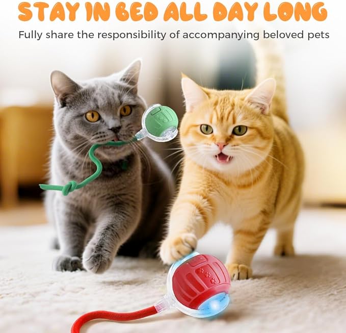 Interactive Cat Toy Balls, 2025 New Interactive Rolling Cat Balls, Upgrade 3.0 Tail Cat‘s Toys with LED Light, Three Modes Smart Automatic Rolling Pet Ball Toy (Green-2)