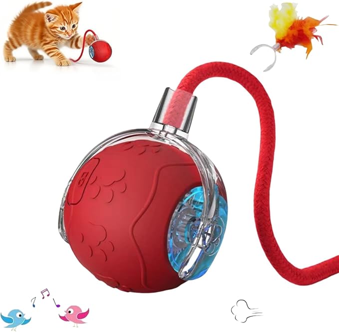 2026 New Interactive Cat Toy Ball for Indoor Cats Dog, Smart 360° Automatic Rolling Pet Ball Kitten Toys with Replace Feather , 3.0 Tail Electric Cat's Toys with LED Light Three Modes Adjustment