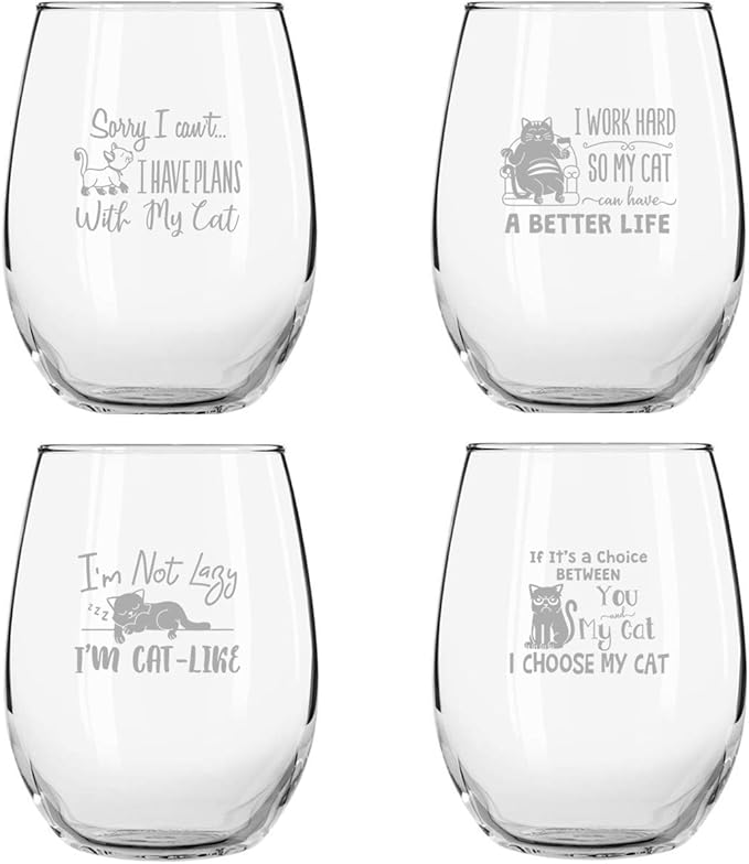 Funny Stemless Wine Glasses Set of 4 | Hilarious Gift Idea for Women, Pet Owners and Wine Lovers | 15 oz. Glass with Cute Cat Messages | Dishwasher Safe | Made in USA