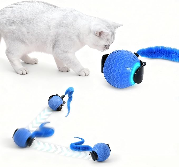 Interactive Cat Toy Ball with Tail - Automatic Motion Activated Rolling Cat Toys for Indoor Cats, Rechargeable Smart Enrichment Toy to Keep Kittens & Adult Cats Busy (Blue)