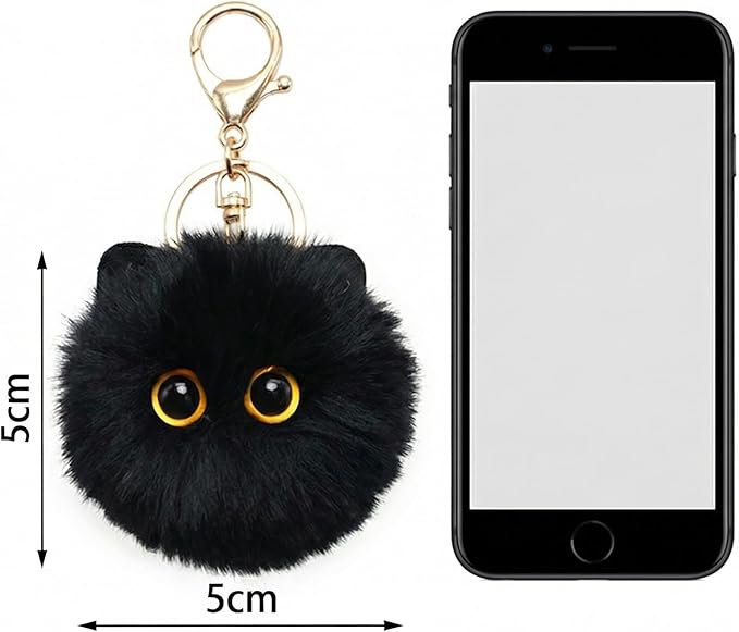 Cute Black Cat Plush Keychain - Kawaii Bag Charm, Soft Cat Pom Pom Keychain for Backpack Purse Keys, Birthday Gift for Women Girls Cat Lovers