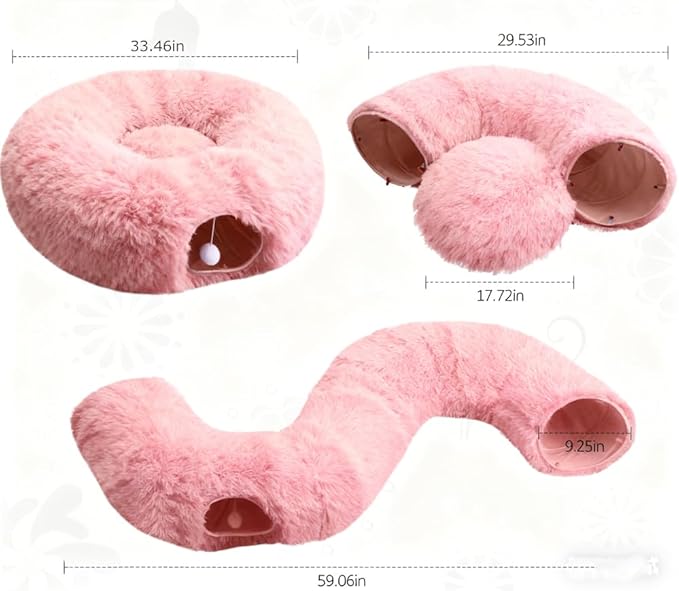 Cat Tunnel Bed Under Christmas, Luxury Donut Cat House Xmas Tree Skirt Tunnel Bed with Washable Cushion, Two-Entry Peekaboo Round Christmas Kitty Donut for Kitten Puppy Rabbit Ferret