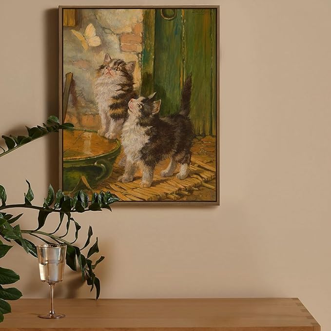 Funny Animals Wall Art Two Cute Baby Cats Watching Butterfly Pictures Wall Decor Aesthetic Poster Gifts for Cat Lover Modern Framed Artwork for Kids Room Bedroom Nursery Home Decoration - 8x10 Inch