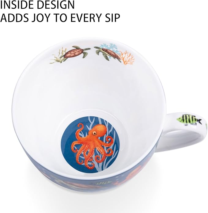 Summer Ocean Wonders Hug Mug - 20oz Deep Blue Bone China Coffee Mug with Sea Turtle, Octopus and Tropical Fish, Marine Life Themed Gift for Ocean Lovers, Designed in England by Harvest Green Studio