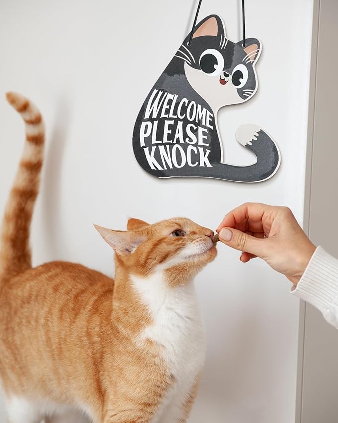 Putuo Decor Do Not Disturb Sign Welcome Please Knock, Cute Cat Door Sign Decor Reversible Double Sided Aesthetic Hanger Plaque for Room Front Door Porch Home Decor, Cat Lover Gifts Grey