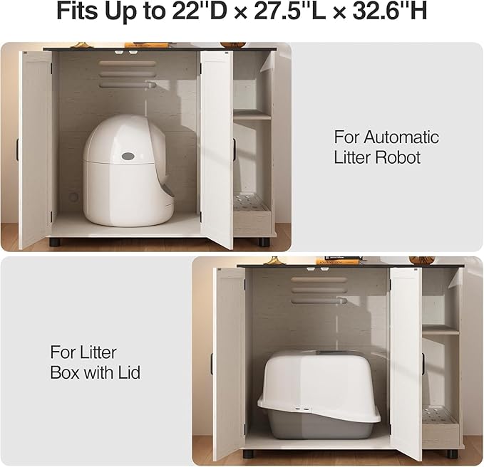 Large Litter Box Enclosure with Litter Collector & Dog-Proof Shelf, Hidden Litter Box Furniture for Self Cleaning Litter Box, Wodden Litter Box Cabinet, Cat Box Enclosure, Side Table, White