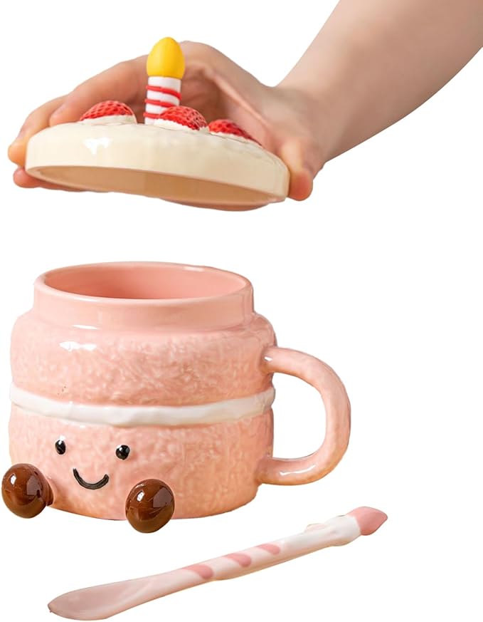 Adorable Cake Ceramic Coffee Mug, 400ml Cute funny Mug For Women, Cake Shaped Aesthetic Mugs Tea Cup with Lid Spoon for Birthday Valentines Day Home Office School