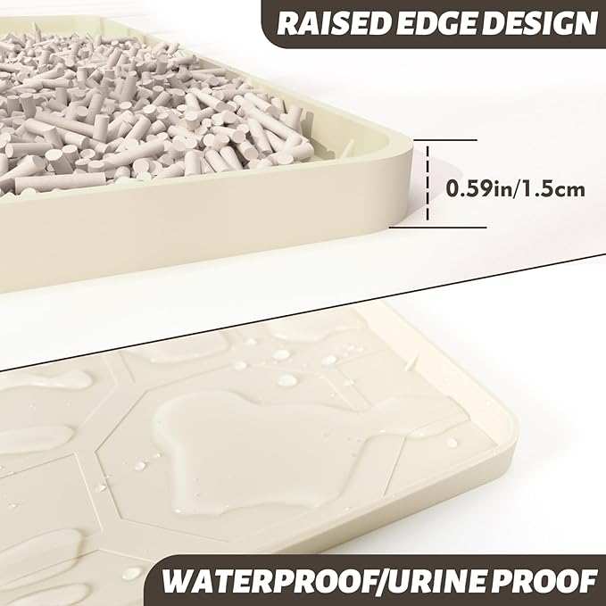 Silicone Cat Litter Mat, 34“ x 22” Waterproof Cat Litter Mats for Floors, Raised Edges Prevent Leaks and Make Cleaning Easy (Beige)