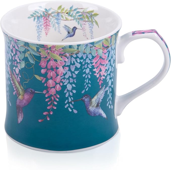 Spring Hummingbird Floral Coffee Mug, 12oz Dark Teal Ceramic Mug with Wisteria and Fluttering Hummingbird, Elegant Gift Mug for Mom, Women & Bird Lovers, Designed in England by Harvest Green Studio