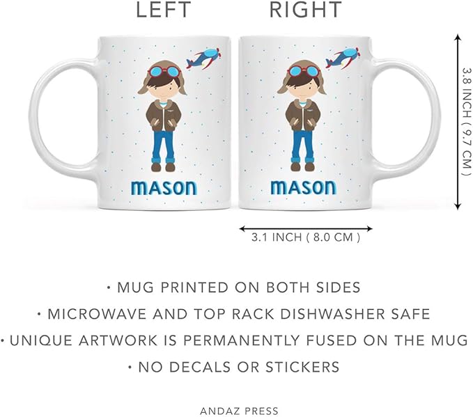 Andaz Press Personalized 11oz. Kids Hot Chocolate Mug, Boy Pilot, 1-Pack, Custom Child’s Birthday Christmas Coffee Cup