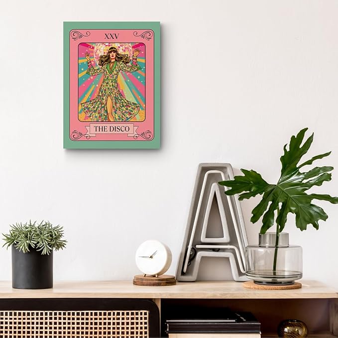 The Disco Tarot Card Wall Art, Dazzling Disco Ball Poster Trendy Canvas Framed Painting Room Decor, Vintage Dancing Queen Prints for Bar Cart Living Room Bedroom Decoration 15x11.4 inch