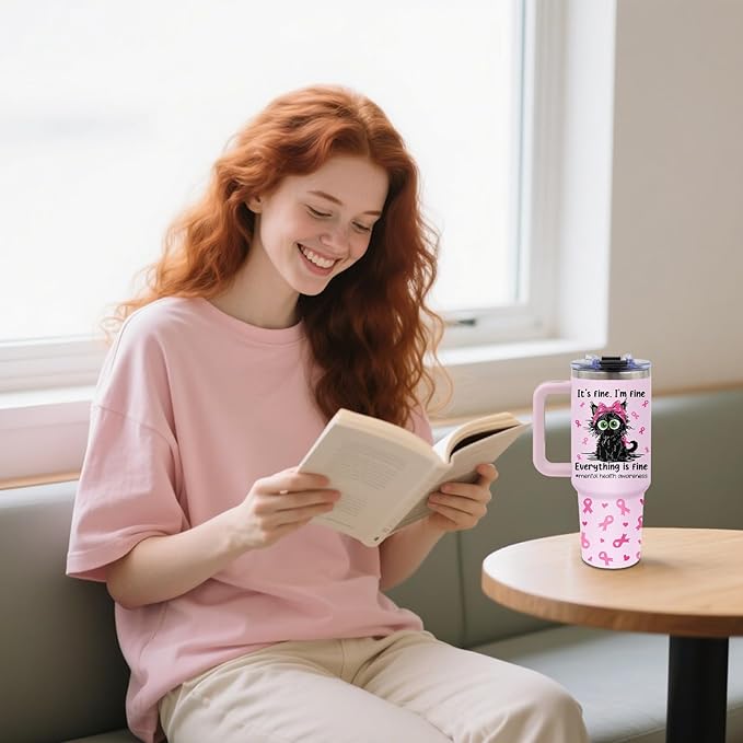 Cute Cat Lovers Gift - 40oz Fine Cats Themed Insulated Tumbler with Handle, Funny Cat Mom Gifts for Women & Girls, Stainless Steel Travel Mug, Birthday Christmas Anniversary Present
