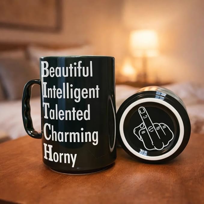 DongNaiWin Funny Coffee Mug for Women – Beautiful Intelligent Talented Charming Horny – Black Ceramic Cup with Finger Bottom, Sarcastic Novelty Gift for Best Friend, Sister, Coworker – 17 oz