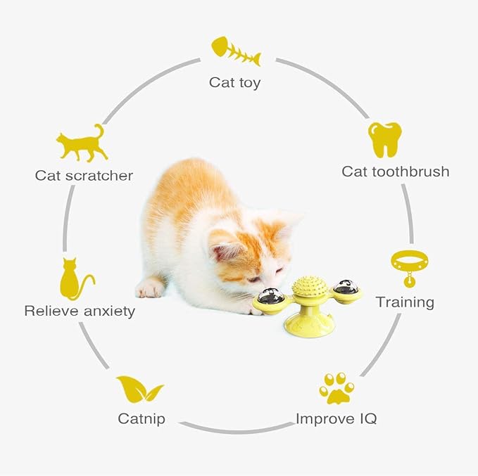 Interactive Windmill Cat Toys with Catnip : Cat Toys for Indoor Cats Funny Kitten Toys with LED Light Ball Suction Cup‖Cat Nip Toy for Cat chew Exercise (Yellow)