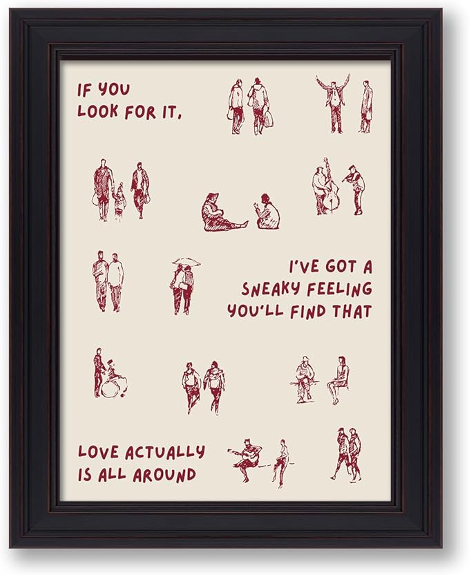 Love Actually Is All Around Wall Art Red Vintage Aesthetic Quotes Poster Minimalist Funky Small People Canvas Prints for Living Room Bedroom Wall Decor 12X16 inch Vintage Framed