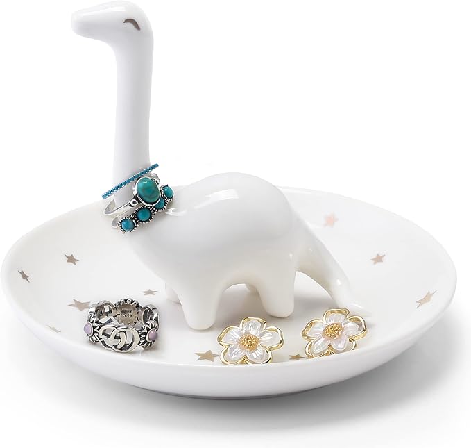 PUDDING CABIN White Dinosaur Ring Holder - Unique Jewelry Dish Tray for Rings, Earrings, Bracelets Organizer - Cute Gifts for Women, Girls, Her Birthday, Christmas, Wedding Gifts