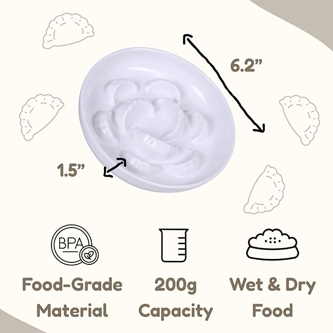 Melamine Cat Slow Feeder Bowl for Dry & Wet Food - Unbreakable Cat Food Plates for Slow Eating - Cute Puzzle Feeder - Whisker Friendly & Dishwasher Safe & Non SlipDesign - （White, 6.3" W*1.7H）