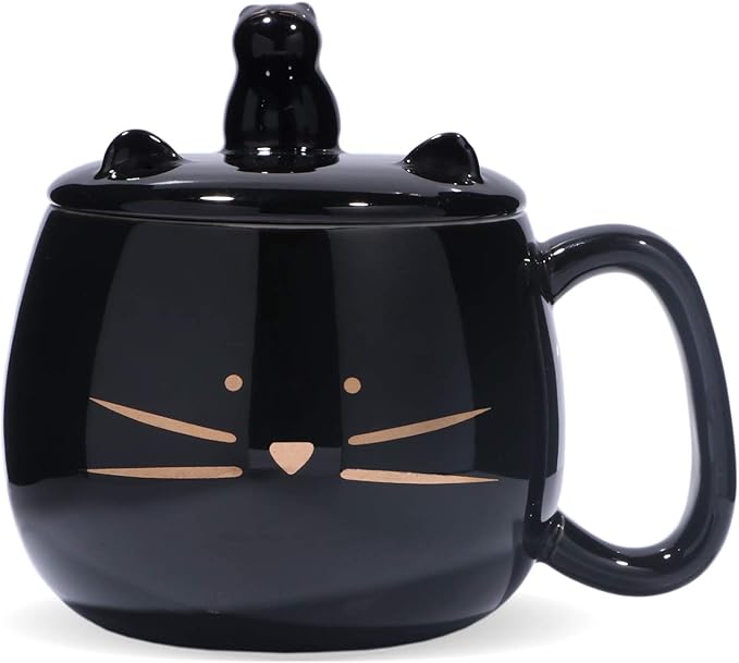 Koolkatkoo Cute Cat Coffee Mug With Cell Phone Holder Lid - Unique Ceramic Tea Porcelain Cup for Cat Lovers - Gold Black Gift for Women