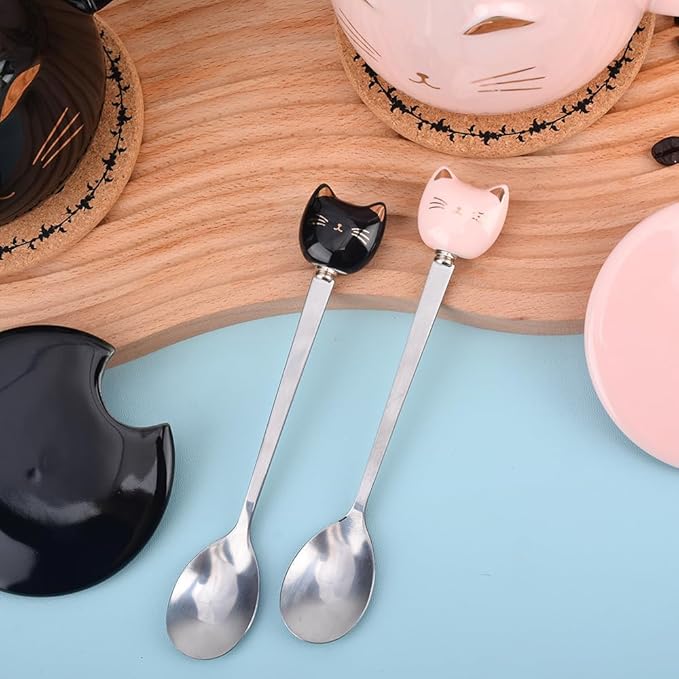 Pink Ceramic Coffee mug Cute Cat Handmade Tea Cups with Stainless Steel Spoon Kitty Cup Unique Hot chocolate Novelty mugs Christmas Birthday for Girls Women (Black)