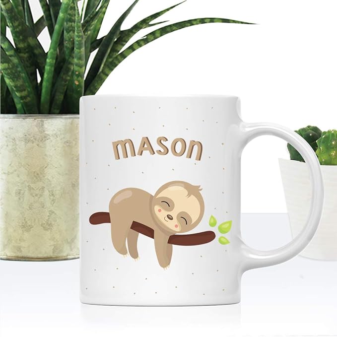 Andaz Press Personalized 11oz. Kids Hot Chocolate Mug, Baby Sloth on Tree, 1-Pack, Custom Child’s Birthday Christmas Coffee Cup