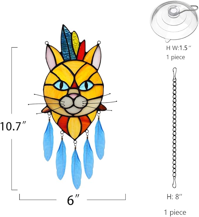 BOXCASA Orange Cat Decor: Stained Glass Window Hangings and Suncatcher - Indian Feathers Decoration for Cat Lovers