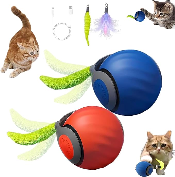 2PCS Speedy Tail 2.0 Cat Toy,Interactive Toy for Bored Indoor Cats Enrichment,Automatic Moving Ball with Tail,Two Speed Adjustment,Smart Kitten Rolling Ball, Turbo Electronic Rolling Pet Chase
