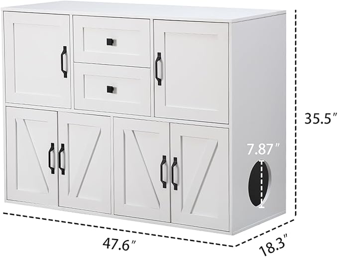 Spacious Wooden Double Cat Litter Cabinet with Drawers for Two Cats, Indoor Dog-Proof Cat House with Dual Compartments, 47.6 Inch Modern Privacy Litter Box Furniture (White)