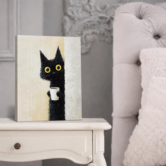Funny Black Cat Wall Art Decor Vintage Cute Pet Peeking Print Picture Cat Lover Gifts Wall Decor for Home Living Room 8x10 Inch Canvas Framed