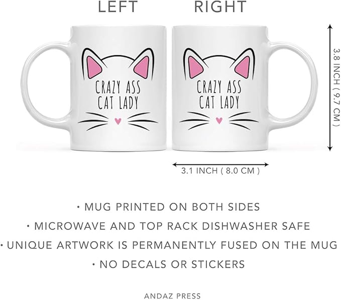 Andaz Press Funny Cat Lover 11oz. Ceramic Coffee Tea Mug, Crazy Ass Cat Lady, 1-Pack, for Cat Mom, Birthday Christmas Ideas, Includes Box
