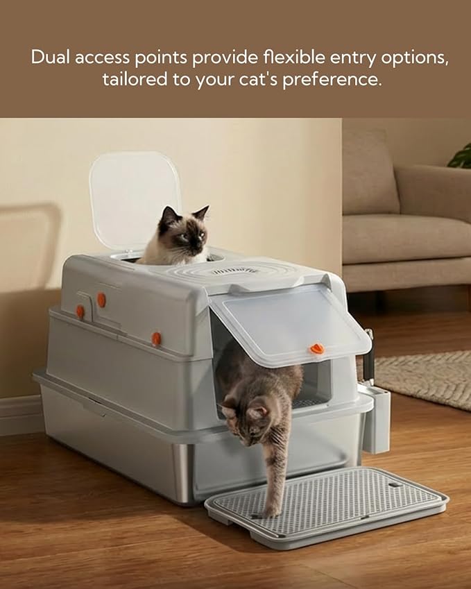 Soulbond XXXL Stainless Steel Litter Box with Lid, 27.5" L x 19.7" W x 16.5" H Large Covered Metal Jumbo Cat Litter Box Enclosed for Large and Multi-Cat Families, Easy to Clean