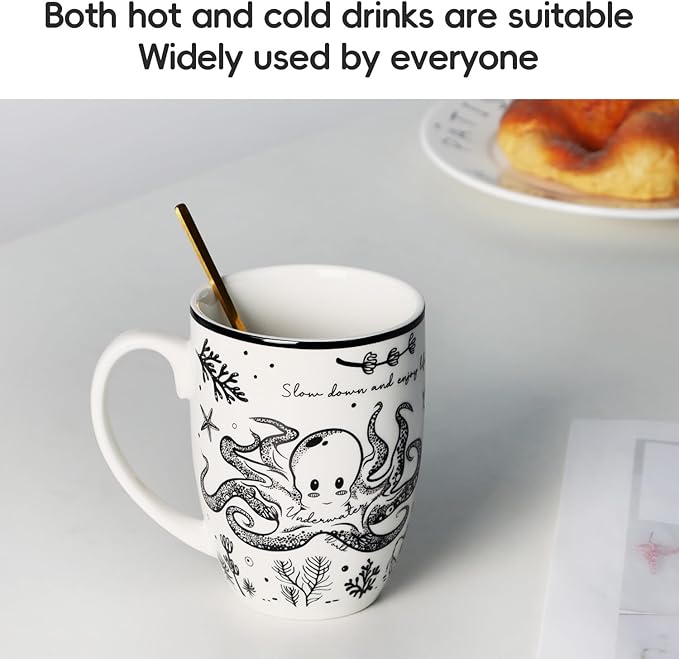 Cute Gifts 16 oz Coffee Mug Sea Turtle and Octopus, Funny Boho Tea Mugs for Women, Large Ceramic Coffee Cups for Chrismas