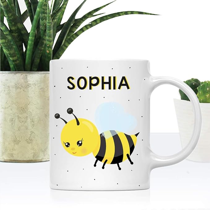Andaz Press Personalized 11oz. Kids Milk Hot Chocolate Mug, Busy Bee Posture 3, 1-Pack, Custom Child’s Birthday Christmas Coffee Cup