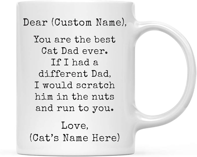 Andaz Press Personalized Funny Dad 11oz. Coffee Mug Gag Gift, Best Cat Dad, Scratch in Nuts and Run to You, 1-Pack, Custom Cat Lover's Christmas Birthday Ideas, Includes Gift Box