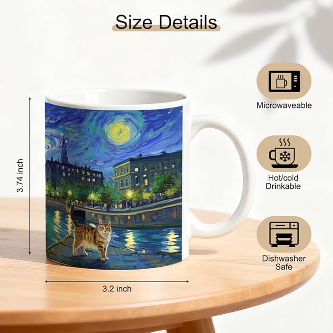 Famous Oil Painting Starry Night Cat Art Theme Double-Sided Ceramic Mug, Famous Art Parody Funny Cats Mug for Pet Lover, Kitty Lover Gifts for Men Women, Christmas Birthday Gifts for Cat Mom