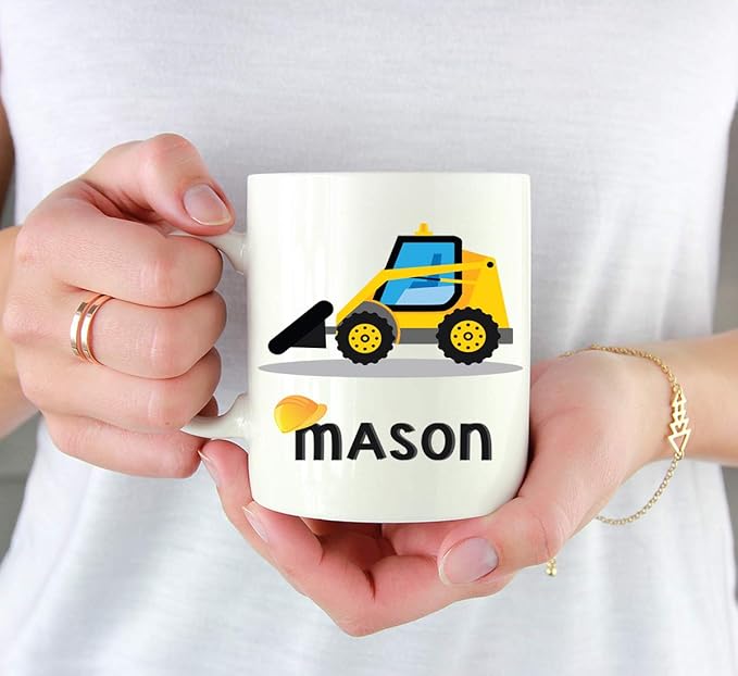 Andaz Press Personalized 11oz. Kids Hot Chocolate Mug, Yellow Construction Truck Bulldozer, 1-Pack, Custom Child’s Birthday Christmas Coffee Cup