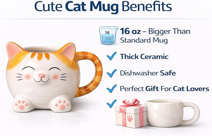 Cute Cat Coffee Mug – 16oz Ceramic Animal Mug, Handmade Gift for Cat Lovers, Cute Kawaii Coffee & Tea Cup – Orange Tabby