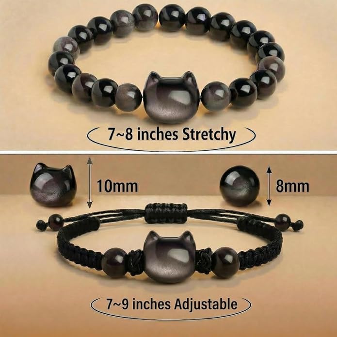 Black Obsidian Cat Bracelet and Moon Pendant Necklace Jewelry Set-Cat Lover Gifts,Wealth Attraction,Good Luck,Bead Bracelet,Mindfulness,Beaded Bracelets, Obsidian Pendant Necklace-Cute Gifts for Women