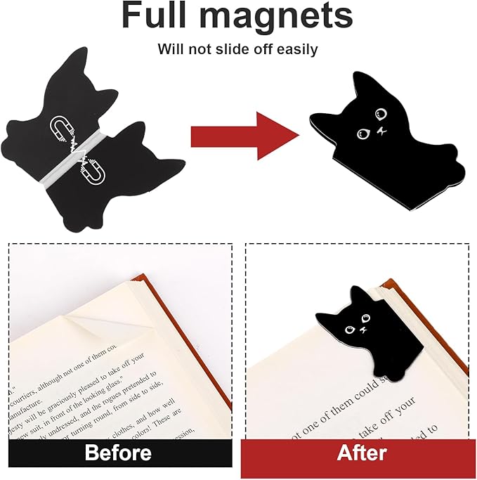 Cute Bookmarks for Women,7 Pcs Black Cat Magnetic Bookmarks Cat Theme Book Mark Clips Set Book Markers for Cat Lover Gifts Magnetic Book Page Clips Kawaii Bookmark for Teachers Students Book Lovers