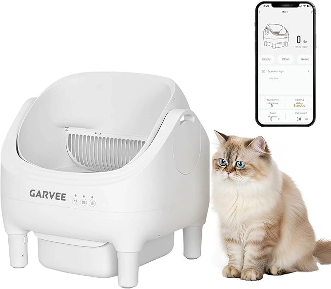 Garvee Open-Top Automatic Cat Litter Box with APP Control, Odor-Free Waste Disposal Includes Trash Bags, 10.5L Large Waste Bin, Self Cleaning Litter Box for Multiple Cats, White